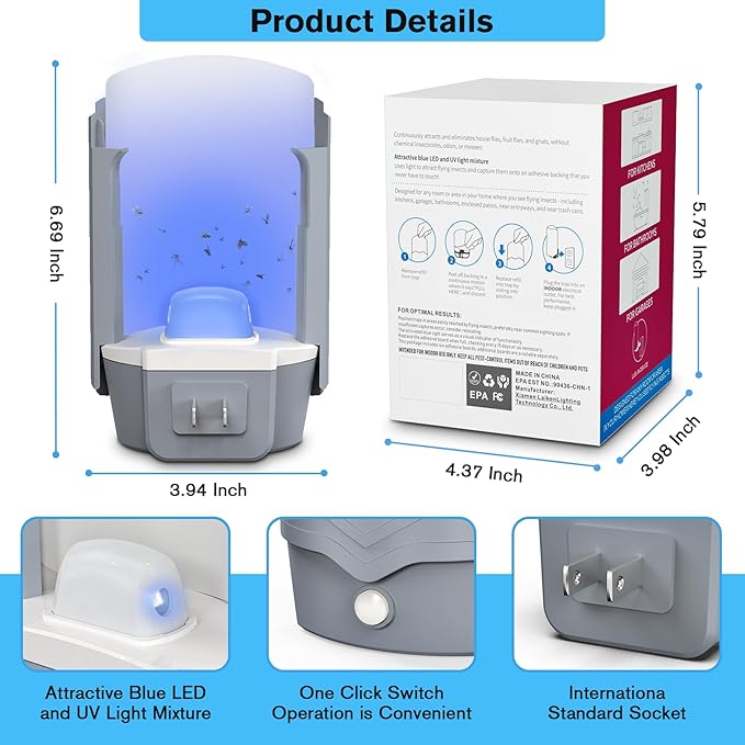 Indoor Fly Trap with UV Light, 2 Plug-in Flying Insect Traps and 6 Sticky Refills, Safe & Quiet Bug Catcher for Fruit Flies, Gnats, Mosquitoes, Moths & Small Insects