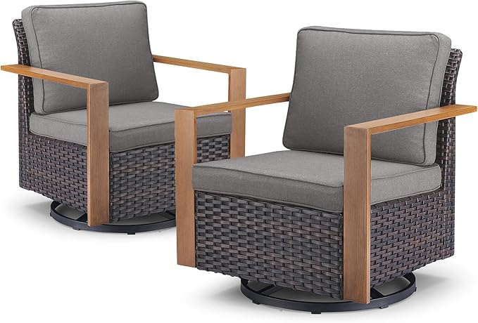 Belord Outdoor Swivel Rocker Chairs Set of 2 With Metal Wide Armrests, Patio Wicker Chairs, Glider Furniture for Porch Deck Sunroom Backyard