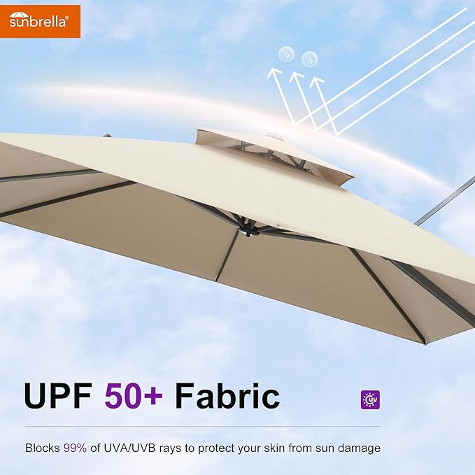 PURPLE LEAF Cantilever Umbrella with Base Included 10' X 13' Outdoor Patio Rectangular Umbrella with Double Top Large Heavy Duty 360° Rotation Offset for Deck Backyard Pool Spectrum Sand