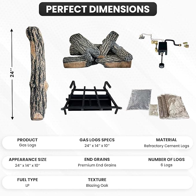 24" Premium Gas Logs - Safety Pilot Light Kit Included - for Liquid Propane Vented Fireplaces - Blazing Oak Design (Logs + Safety Pilot Light Kit)