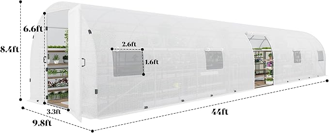 AMERLIFE 44x10x7.5 FT Tunnel Greenhouse for Outdoors, Large Walk-in Greenhouse kit with Durable Steel Frame, Swing Door & Premium PE Cover, White