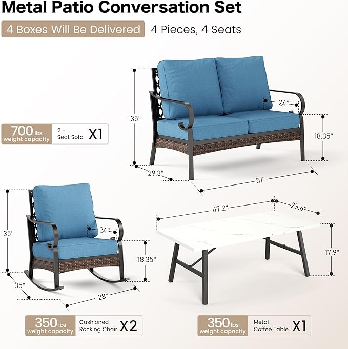 SUNSHINE VALLEY 4 Piece Metal Outdoor Patio Furniture Sets, Patio Conversation Sets with 5.75" Thick Cushion, Patio Loveseat and Rocking Chair wth Coffee Table, Balck Backyard Furniture, Denim Blue