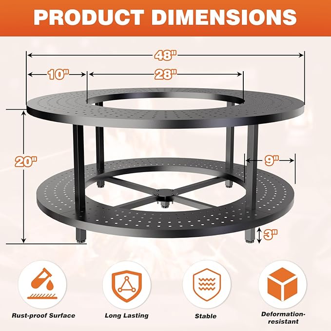 Fire Pit Surround Tabletop for Solo Stove Yukon 1.0 & 2.0, 48" Fire Pit Surround Tabletop with Wood Storage Shelf, Powder-Coated Steel Surround Tabletop with Extra Space with Raised Stand