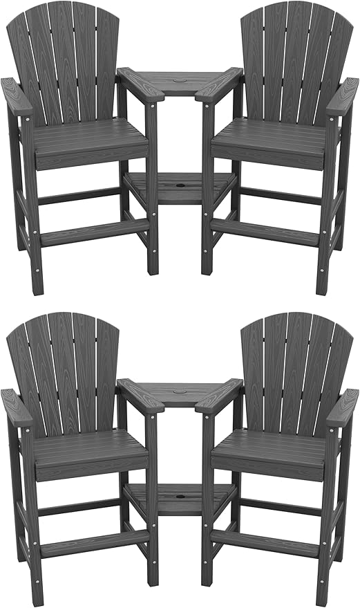 SERWALL Tall Adirondack Chairs Set of 4 with Double Layer Connecting Tray, HDPE Bar Height Outdoor Chairs, Wood-Like Adirondack Bar Stools for Patio, Balcony, Porch, Grey
