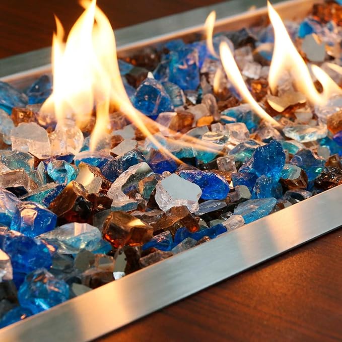 GRISUN Fire Glass Blended for Fire Pit, 1/2 Inch 10 Pounds High Luster Reflective Tempered Glass Rocks for Natural or Propane Fireplace, Safe for Outdoors and Indoors Fire Pit, Copper, Blue, White
