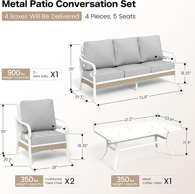 SUNSHINE VALLEY 4 Piece Metal Outdoor Patio Furniture Set, Patio Conversation Sets 1 3-Seater Sofa, 2 Single Sofa with 5.75" Extra Thick Cushion and Coffee Table, White Frame Backyard Furniture, Gray