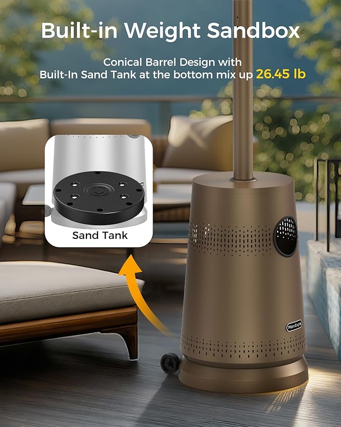50,000 BTU Patio Heater for Outdoor Use With Adjustable Heat Focusing Top, Portable Propane Patio Heater with Wheels, Stainless Steel Burner for Porch Deck Garden (Brown)