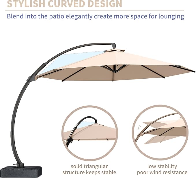 Kingdura 12ft Cantilever Patio Umbrella with Base Included, Large Round Offset Outdoor Pool Umbrella, 360° Rotation & Infinite Tilt, Heavy Duty Aluminum Frame for Deck Backyard, Beige