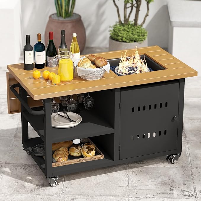 Outdoor Fire Pit, Gas Fire Pit Table with Universal Wheels, 50000 BTU Firepits for Outside, 44" Propane Fire Pit with Storage Space, Table Top Firepit for Outdoor, Deck, Black