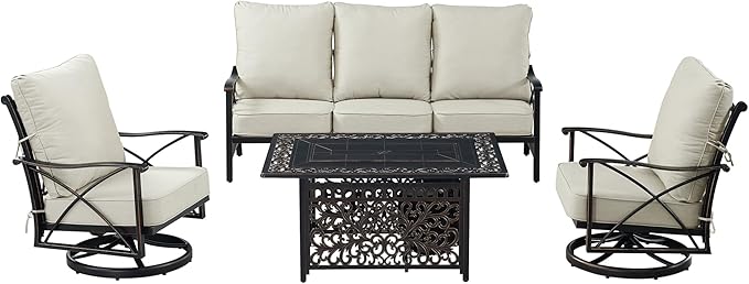 Oakland Living Black Aluminum Fire Table Set with Deep Seating Sofa with Cushion and Two Club Chairs