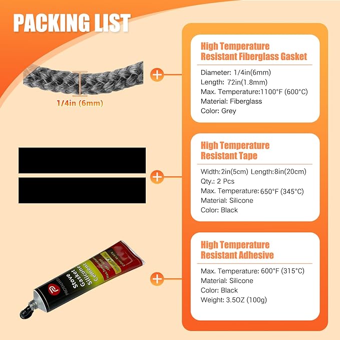 Protalwell Wood Stove Gasket, 1/4" Wood Stove Door Gasket Kit, High Temperture Resistant Gasket Rope Replacement for Stove or Fireplace Doors, Grey Color Fiberglass Gasket
