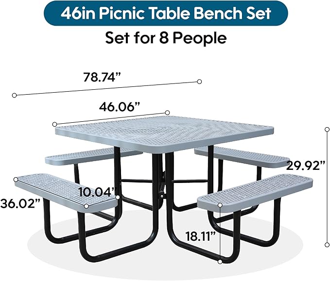 Sunnibety 8-Person Picnic Tables for Outdoors, Industrial 46" Expanded Metal Square Picnic Table with 4 Benches & Umbrella Hole, Outside Table and Bench Set for Garden, Backyard, Porch, Patio, Grey