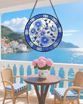 AMDERVEN Stained Glass Window Hanging, Blue and White Plum Blossom Sun Catcher for Door Home Decor Flowers Suncatcher Christmas Mother's Day Birthday Gifts for Women Men Mom and Nana 6.3 in