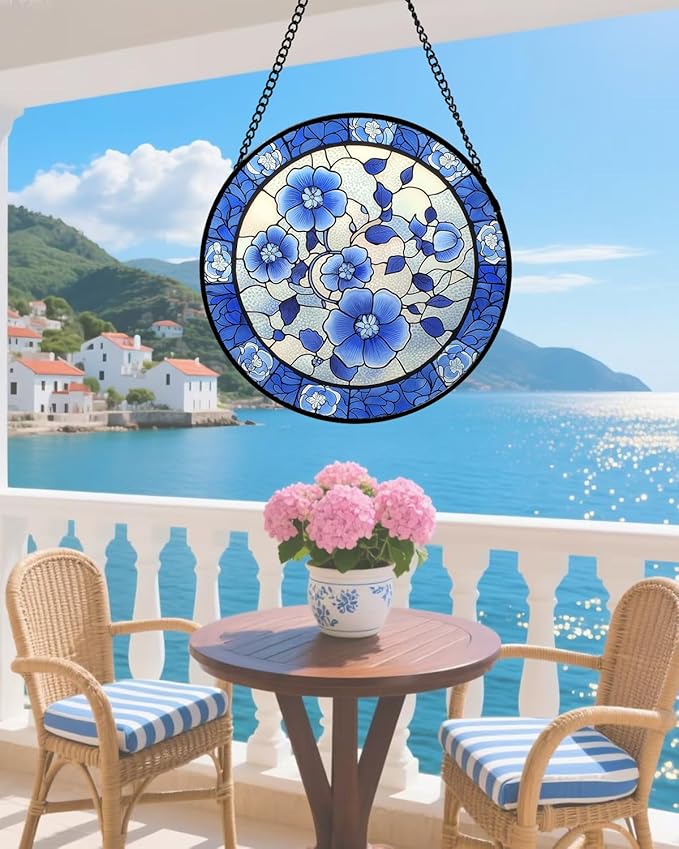 AMDERVEN Stained Glass Window Hanging, Blue and White Plum Blossom Sun Catcher for Door Home Decor Flowers Suncatcher Christmas Mother's Day Birthday Gifts for Women Men Mom and Nana 6.3 in