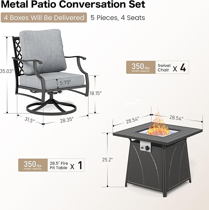 SUNSHINE VALLEY 5 Piece Metal Outdoor Patio Furniture Set with Fire Pit Table, Patio Conversation Sets 4 Swivel Chairs with 5.75" Thick Cushion and 5000 BTU Fire Pit Table, Backyard Furniture, Gray