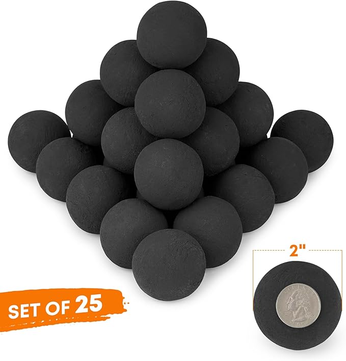Stanbroil 2 inch Ceramic Balls, Set of 25 Round Balls, Modern Accessory for Indoor or Outdoor Fire Pits Fire Bowl and Fireplace, Black
