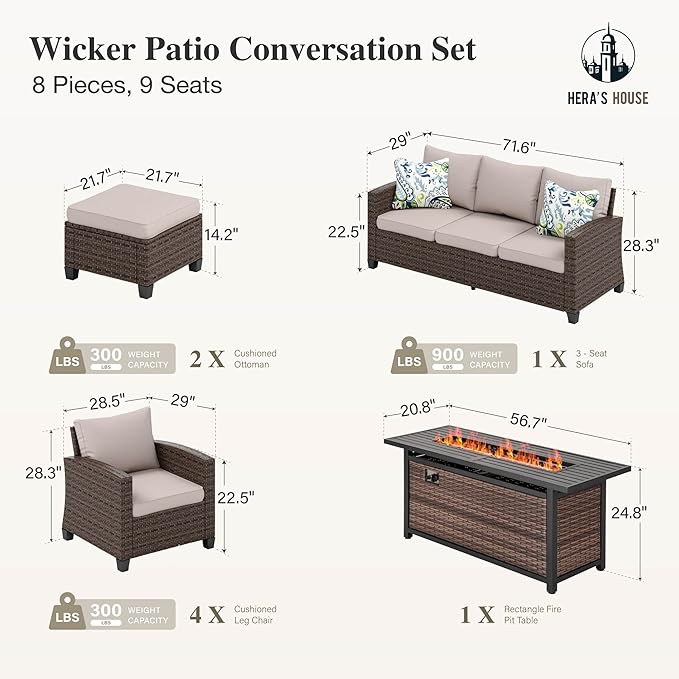 HERA'S HOUSE Patio Furniture Set, Outdoor Wicker Furniture with Fire Pit, 8 Pieces Deep Seating Outdoor Conversation Sofa Sets with Thick Cushions for Deck Backyard Lawn, Beige