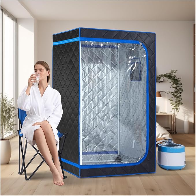 ZONEMEL Full Size Portable Steam Sauna Kit, Personal Full Body Sauna Spa for Home Relaxation, 4 Liters 1500 Watt Steamer, Remote Control, Timer, Foldable Chair (Black, Clear Door)