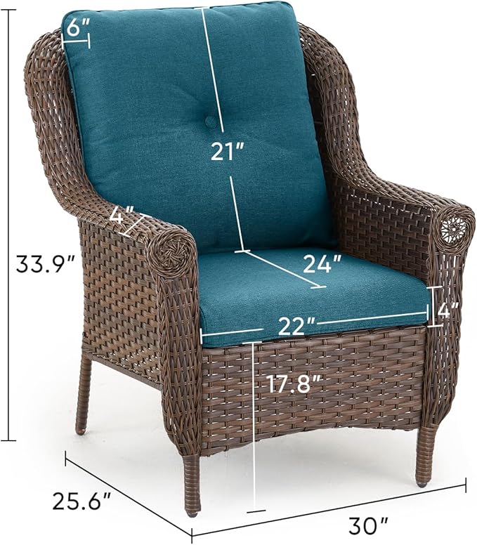 Patio Wicker Chairs Outdoor Furniture Chair - Set of 4 Outside All Weather Lawn Dining Brown Rattan Armchair with High Back&Deep Seating for Deck Porch Balcony Backyard Garden - Peacock Blue