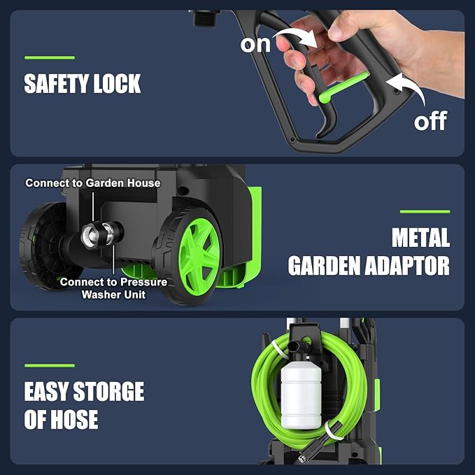 Imdot Adjustable Pressure Cleaner with 33FT Flexible Extension Hose + 34FT Power Cord, 4 Nozzles, Foam Cannon, Best Power Cleaner for Cars, Patios, Driveways, Green