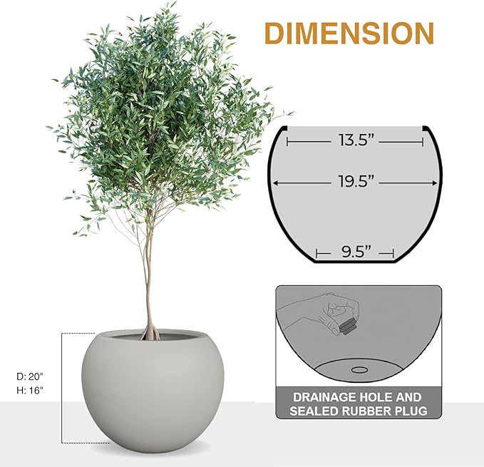 16" H x 20" D Globo Fiberstone Round Planter - Christmas Tree Planter, Smooth Finishes, Weather Resistant for Indoor & Outdoor Use, Included 2 Extra Coco Mats (Light Gray, 13.5 Pot Opening)