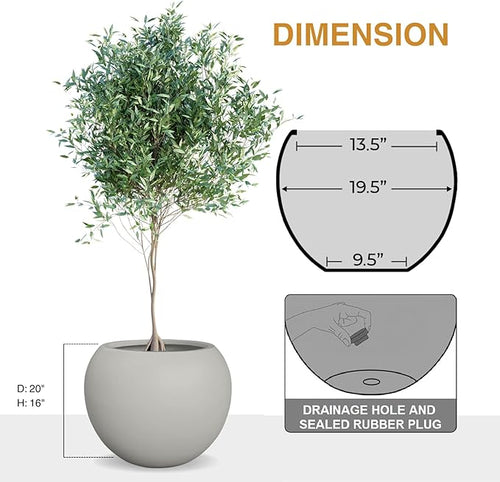 16" H x 20" D Globo Fiberstone Round Planter - Christmas Tree Planter, Smooth Finishes, Weather Resistant for Indoor & Outdoor Use, Included 2 Extra Coco Mats (Light Gray, 13.5 Pot Opening)