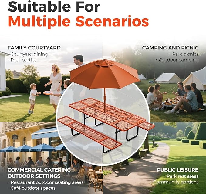 KUFUH 72" Coated Round Metal Picnic Table for 4-6 Person, Durable Heavy Duty Commercial Picnic Table with Umbrella Hole for Outdoor Coffee Shop, School, Easy to Install, Orange
