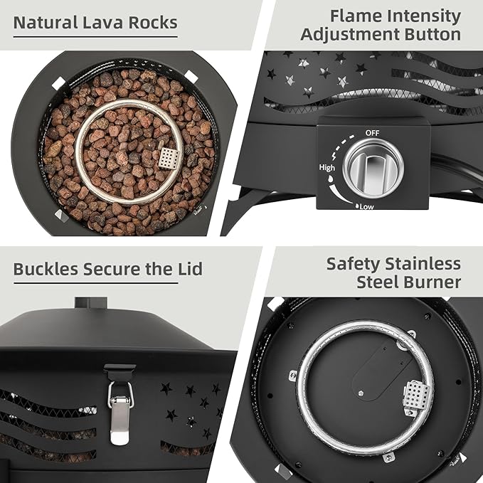 Portable Propane Fire Pit, 20 Inch Smokeless Gas Fire Pit Bowl for Outside, 60,000 BTU Outdoor Firepit with Grill Grate & Lid for Camping, Patio, Yard, Garden