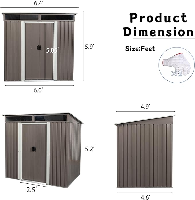 Favfurish 6Ft x 5Ft Outdoor Metal Storage Shed, Weatherproof Garden Shed with Double Sliding Doors and Padlock, Transparent Plate, Punched Vents, Utility Tool House for Lawn Backyard, Gray