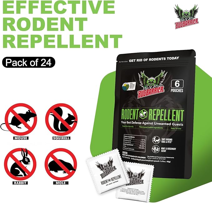 Extra-Strength Mouse Repellent Deterrent Pouches, USDA 99% Biobased, Peppermint & Rosemary Oils Repel Mice Nesting in Car, RV, Boat, Garage, Shed, Cabin Made in The USA (24 Pack)
