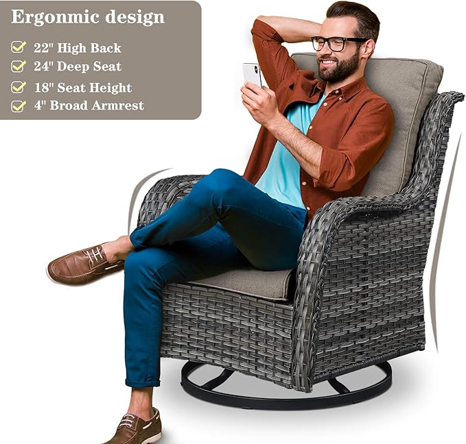 Belord Wicker Patio Furniture Sets - 8 Piece Outdoor Rattan Furniture Conversation Sets with 4 Swivel Rocker Chairs, Rattan Sofa, Wicker Ottomans and Coffee Table, Mixed Grey/Grey