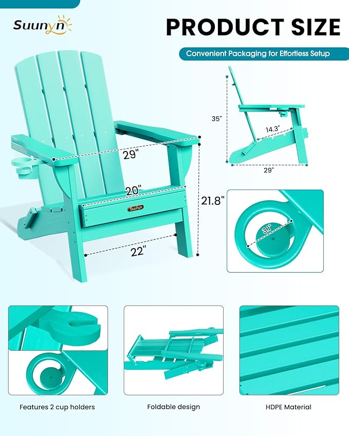 Folding Adirondack Chair 6 Pack, HDPE All-Weather Fire Pit Chairs, Plastic Adirondack Chairs with 2 Cup Holder, Outdoor Lawn Chair for Patio Garden (Lake Blue)