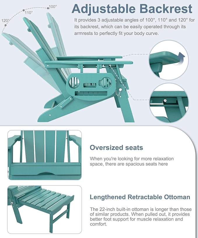 Adjustable Adirondack Chair with Retractable Ottoman Set of 8, HDPE Folding Adirondack Chair with Cup Holder, All Weather Fire Pit Chair for Outdoor.