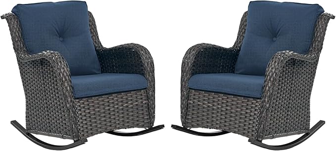 Patio Rocking Chairs Set of 2, Wicker Outdoor Rocking Chairs, Outdoor Gliders Patio Rockers for Porch, Deck, Yard, Garden, Brown Wicker/Blue Cushion