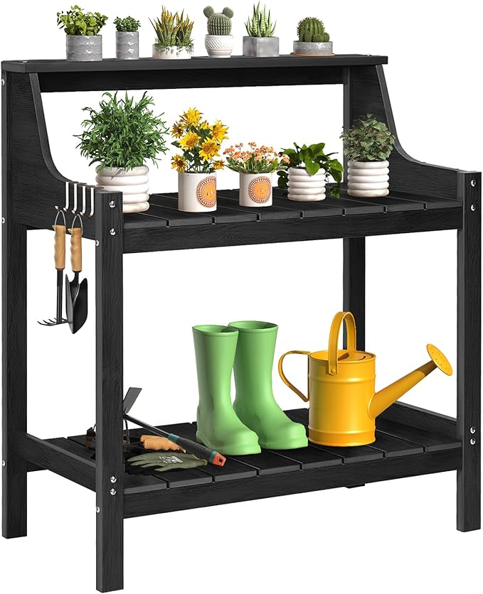 ONBRILL Potting Bench, HDPS Potting Bench with 4 Side Hooks, All-Weather Garden Table Work Station, Outdoor Potting Table for Porch, No Rust, No Fade, No Break, 360lbs Capacity (Black, Large)