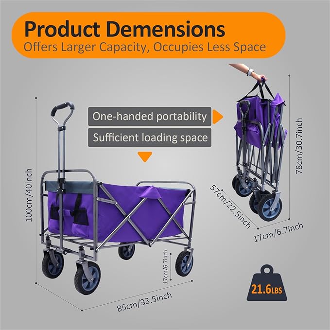 150 LBS Collapsible Wagon Cart, Large Capacity Utility Cart with All-Terrain Wheels, for Camping, Garden, Shopping and More, Purple