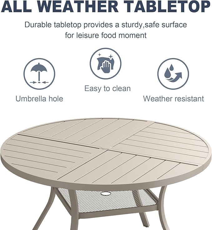 VICLLAX Round Patio Dining Table, 4-6 Person Metal Outdoor Dining Table with Umbrella Hole and Storage Shelf for Garden Lawn Deck, 47.2" Sandshell