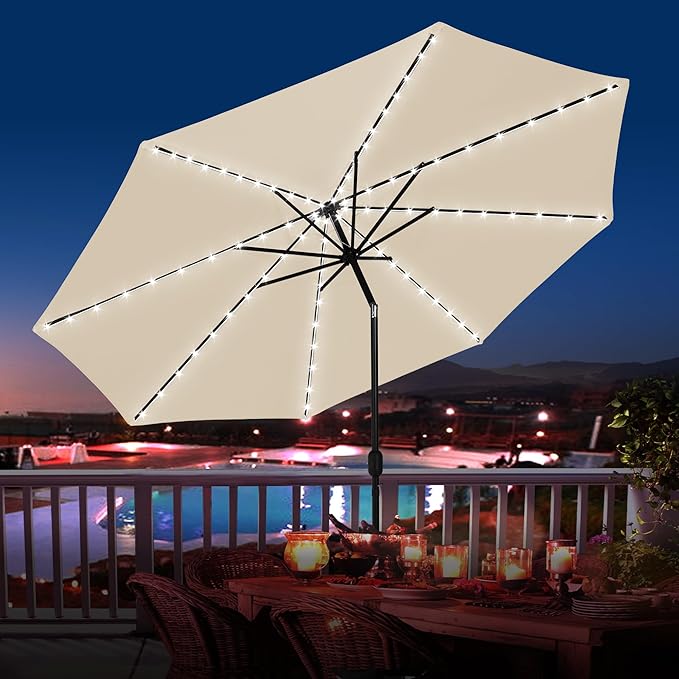 Sundale Outdoor Olefin 5-Year-Non-Fading Solar 88 LED 10FT Solar Patio Umbrella with Sand Bag Base, Outdoor Umbrella with Tilt and Crank, Beige