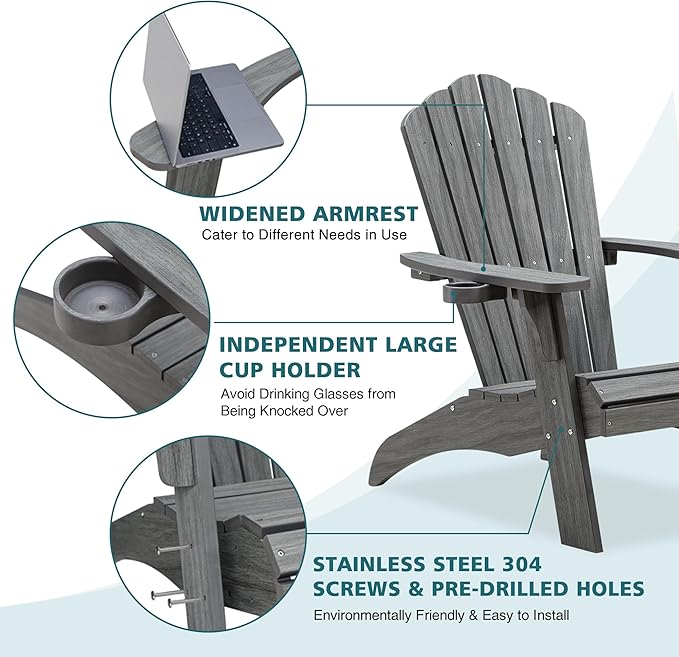 Psilvam Oversized Adirondack Chair, Fade-Resistant & Odor-Free Poly Lumber Fire Pit Chairs with Cup Holder, Weatherproof Outdoor Chair, Easy 15 Min Install Patio Chair, 350 Lbs Support (1, Gray)