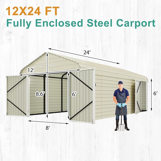 EROMMY 12x24 FT Heavy Duty Carport - Galvanized Steel Frame Car Shelter with Reinforced Base, Enclosed Storage Shed for Cars & Trucks, Gray