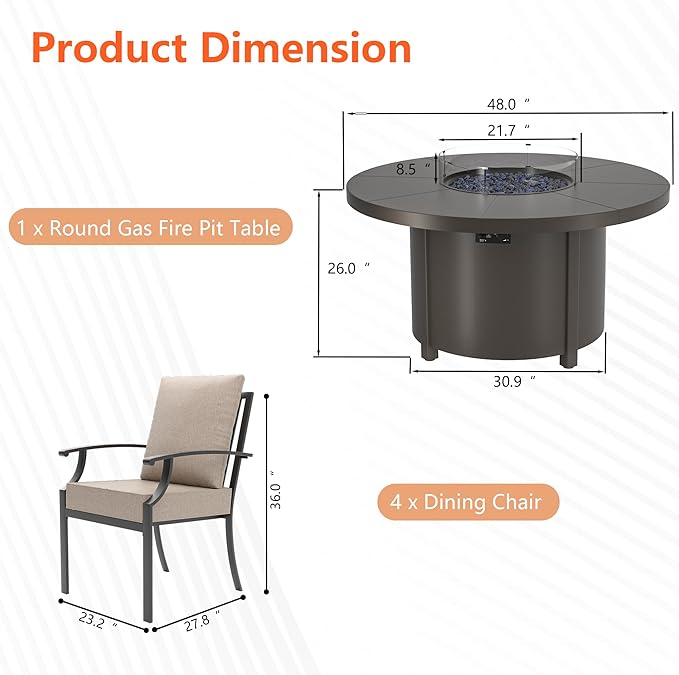 5 Pieces Patio Furniture Set with Round Fire Pit Table, Outdoor Conversation Sets 4 Chairs with Upgrade Cushions for Patio, Backyard Brown