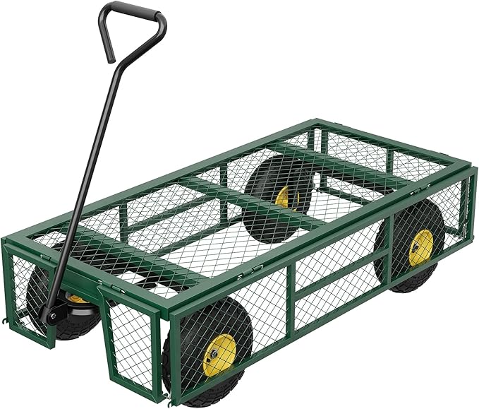 900 LBS Garden Cart with Removable Mesh Sides, Heavy Duty Steel Garden Wagon with Adjustable Handles & 10" Pneumatic Tires, Utility Wagon for Lawn Camping Farm Yard, Green+Black