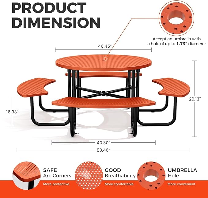 KUFUH 46" Coated Round Metal Picnic Table for 4-8 Person, Durable Heavy Duty Commercial Picnic Table with Umbrella Hole for Outdoor Coffee Shop, School, Easy to Install, Orange