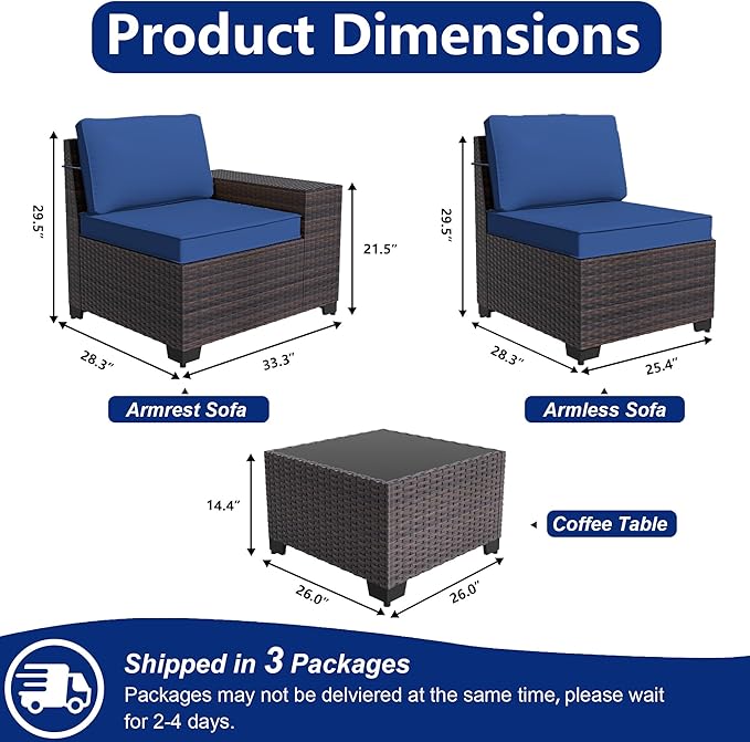 Outdoor Patio Furniture Set, 6 Pieces Outdoor Sectional Furniture High Backrest Patio Sofa, All-Weather PE Rattan Patio Conversation Set with Coffee Table & Cushions(Dark Blue).