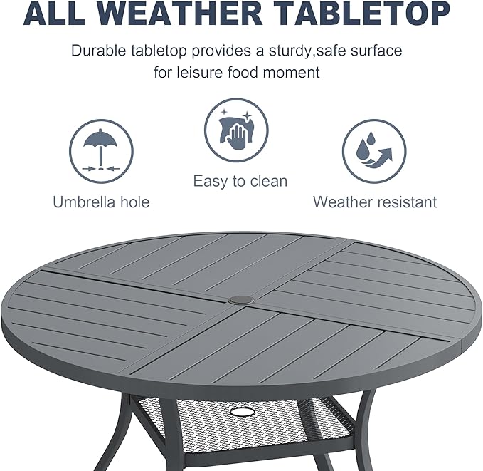 VICLLAX Round Patio Dining Table, 4 Person Metal Outdoor Dining Table with Umbrella Hole and Storage Shelf for Garden Lawn Deck, 40.6" Dark Grey