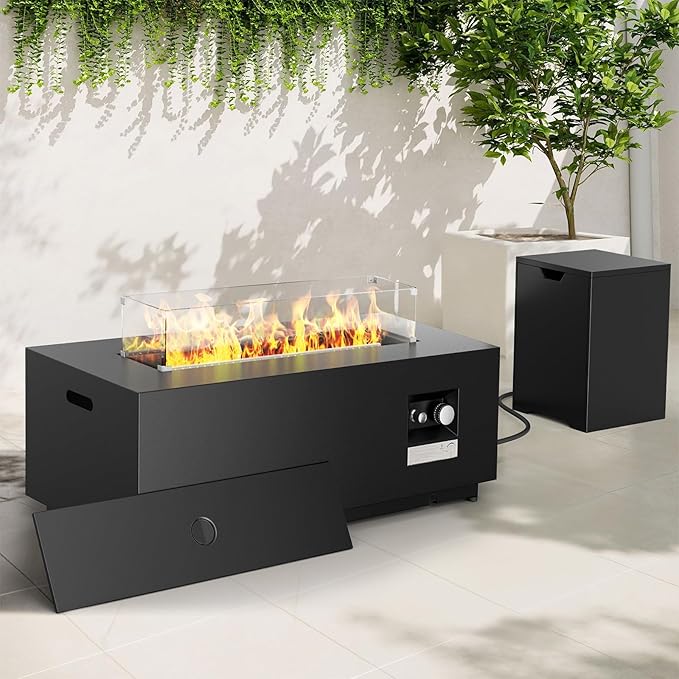 Outdoor Propane Fire Pit Table, 42inch Natural Gas Fire Pits for Outside Patio Rectangular Iron Firepit with Tank Cover, Wind Guard, Steel Lid, Rain Cover, 50,000 BTU Fire Table (Black)