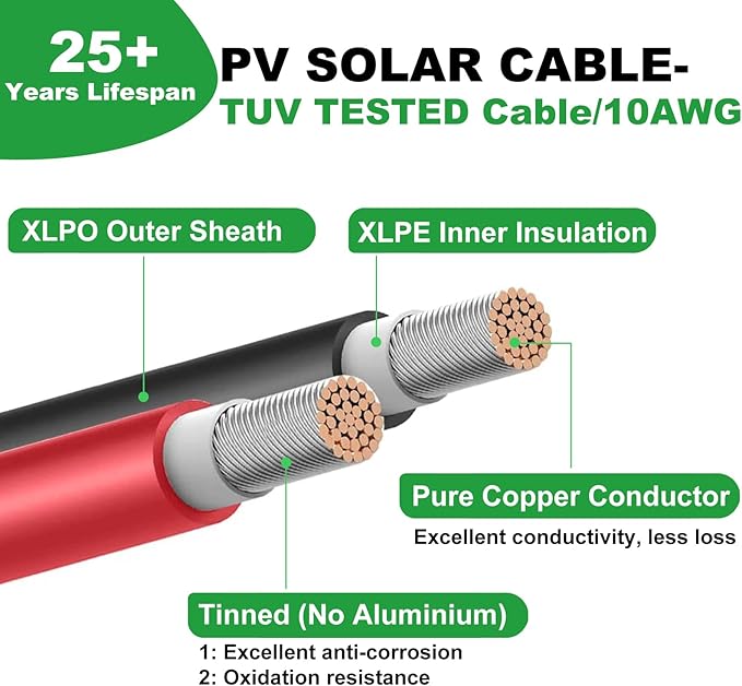 Oududianzi Solar Extension Cable 20Ft, Solar Wire 10AWG, Tinned Copper PV Cable 10Gauge, Solar Panel Cables with Waterproof Connectors for Home Boat RV Outdoor Camping Solar Panels