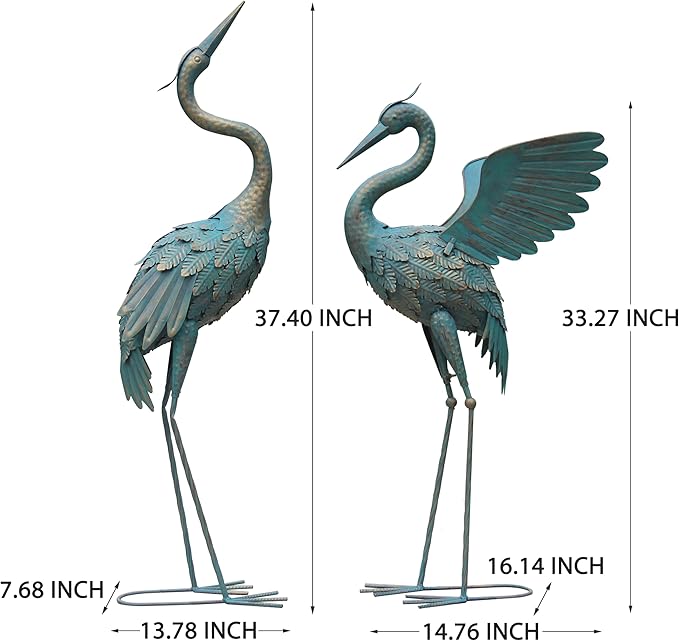 Oritty 33-37 Inch Metal Crane Garden Statue Décor, Bird Garden Sculpture & Statues, Outdoor Decoration for Yard Patio Lawn Backyard Pool, Vintage Spread Wings Crane, Set of 2