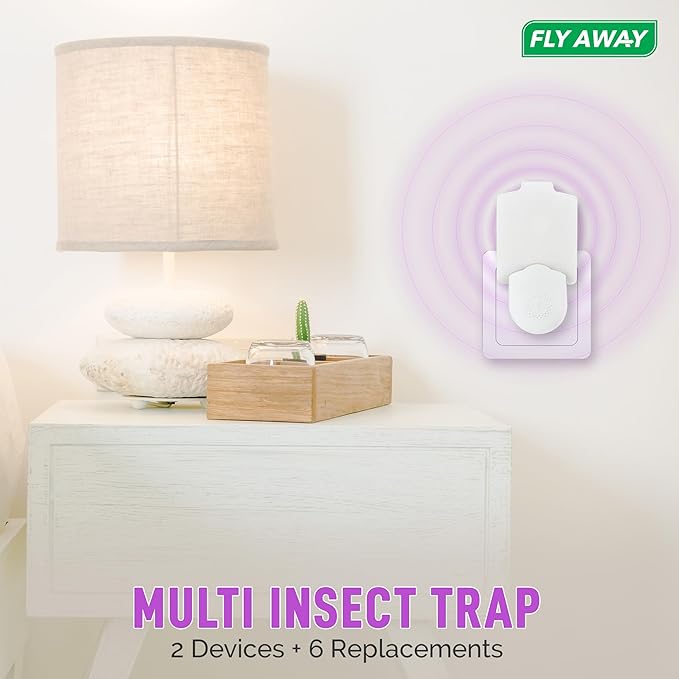 Fly Away 2 Pack UV Light Insect Trap with 6 Refills – Indoor Plug-in Trap for Fruit Flies, Gnats, Mosquitoes, and Moths – Silent, Non-Toxic Pest Control – 395nm UV Light for Maximum Attraction