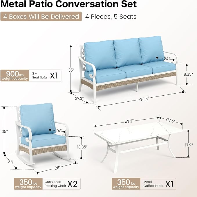 SUNSHINE VALLEY 4 PCS Metal Outdoor Patio Furniture Set, Patio Conversation Sets 1 3-seater Sofa, 2 Rocking Chairs with 5.75" Extra Thick Cushion and Coffee Table, White Frame Backyard Furniture, Blue